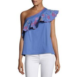 Saloni Esme One Shoulder Top Embroidered Size 4 Blue Floral